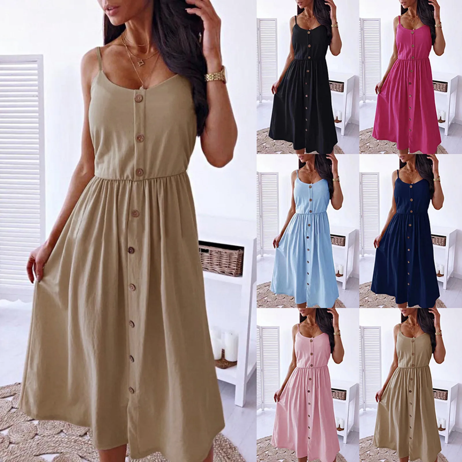 

Sexy Women Beach Spaghetti Straps Elegent Dresses Summer Linen Buttons Sleeveless Camisole Casual Daily Wear A-Line Midi Dress