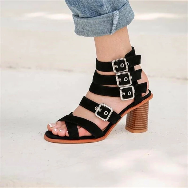 

Roman style cross strap buckle leather thick-heeled sandals summer fashion all-match personality high-heeled sandals women