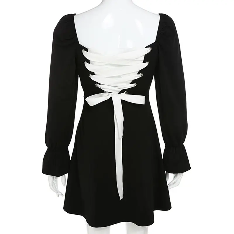 Готическое черное платье женское плиссированное с открытой спиной на шнуровке