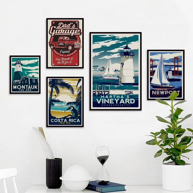 

Colorful Vintage Cartoon Abstract World Famous Attractions Canvas Painting Hawaii Wall Art Poster And Print For Living Room Deco