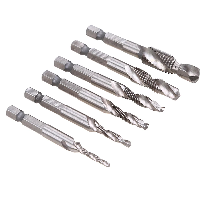 

6 Pack Titanium Combination Drill Tap Bit Set HSS Spiral Hex Shank Drill Screw Tap Bit Set M3 M4 M5 M6 M8 M10 Hand Tools