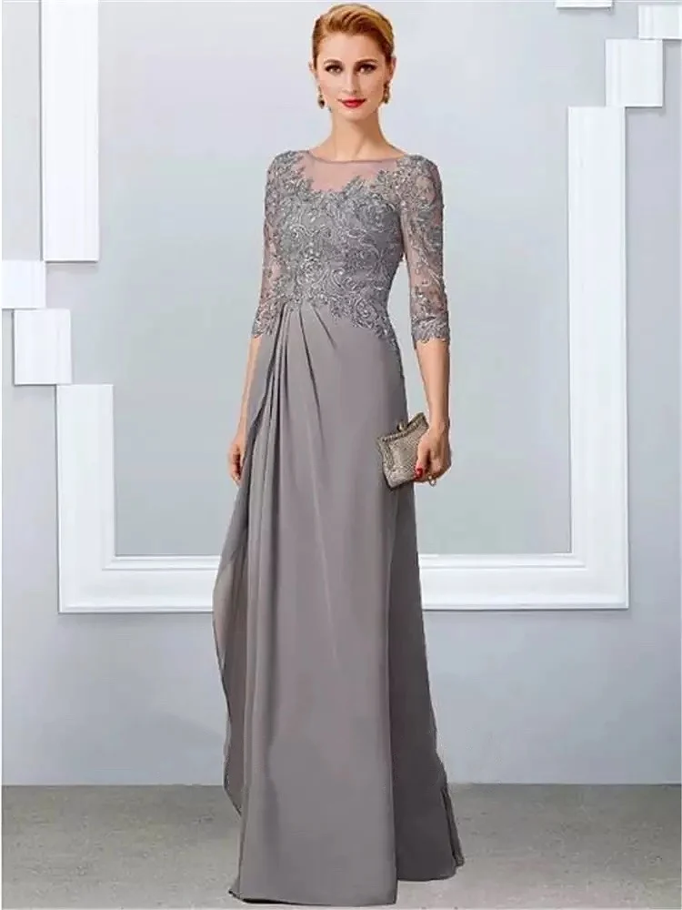 

Silver Grey Chiffon Mother Of The Bride Dresses O-Neck Half Sleeves Applique Lace Ruched Wedding Party Groom Mothers Prom Gowns
