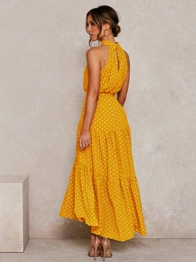 

Summer Long Dress Polka Dot Casual Dresses Black Sexy Halter Strapless New 2020 Yellow Sundress Vacation Clothes For Women