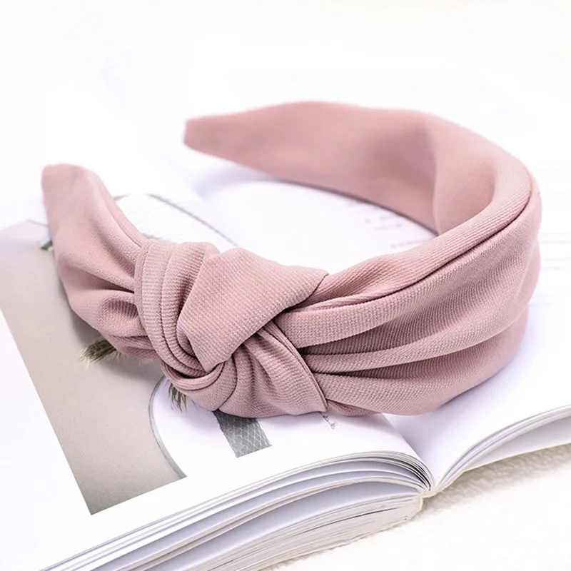 light pink Корейская элегантная женская однотонная лента для волос с боковым верхом и узлом, женские модные аксессуары для волос, милая тканевая широкая повязка на голову для девушек - Цвет: light pink