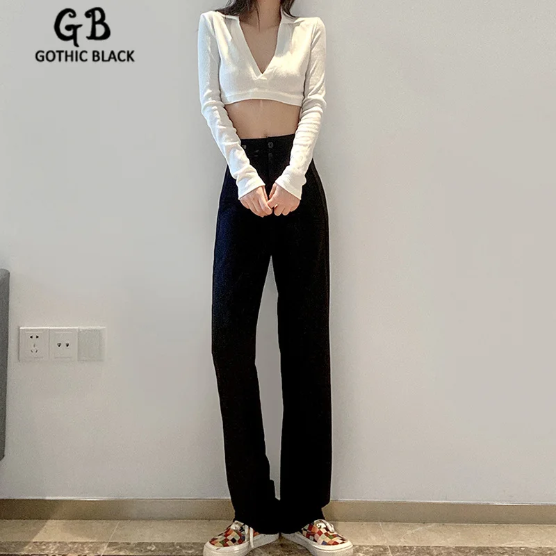 

Gothblack Slim Solid High Waist Trousers Women Gothic Autumn Splice Button Dark Straight Pants Female Fashion Street Bottoms