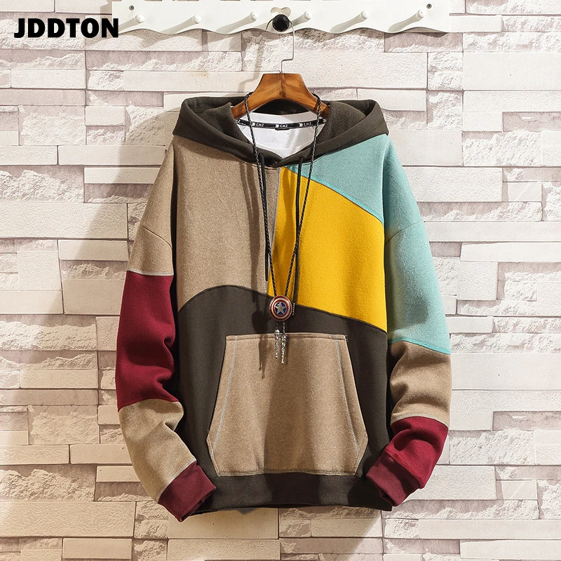 

JDDTON Men's Patchwork Hooded Sweatshirt Hoodies Clothing Casual Loose Warm Streetwear Male Fashion Autumn Winter Outwear JE221