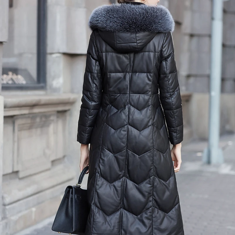 Leather Jacket Women's Autumn And Winter Real Fox Fur Zipper Down Jacket Long Warm Slim Jacket Women Sheepskin Down Coat M 7XL