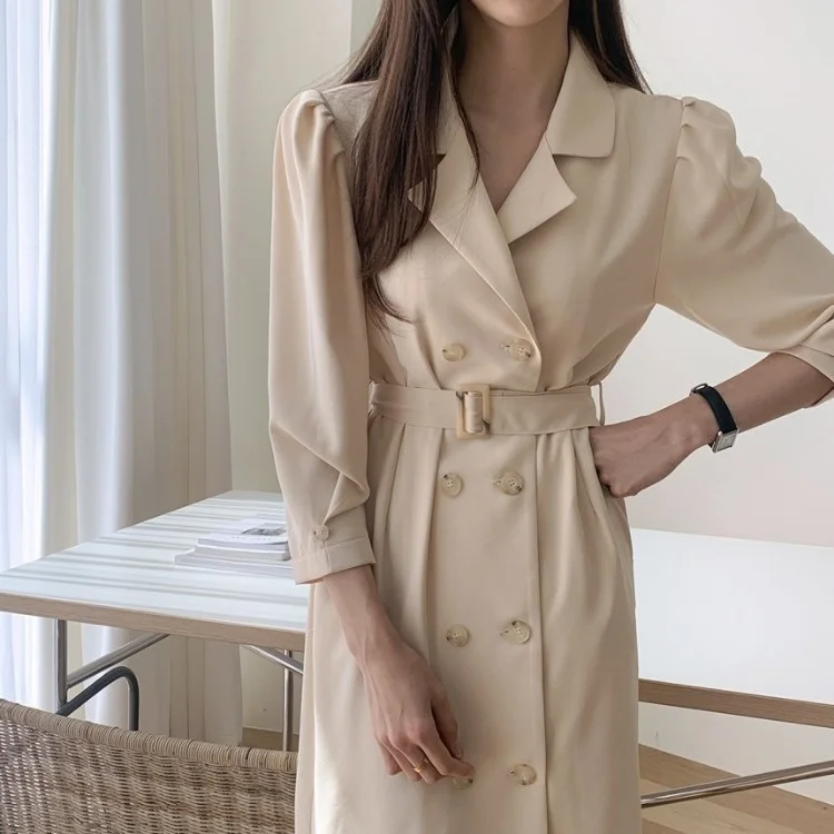 

new Korean chic autumn and winter elegant French temperament bubble sleeve double breasted lace up dress women's coat