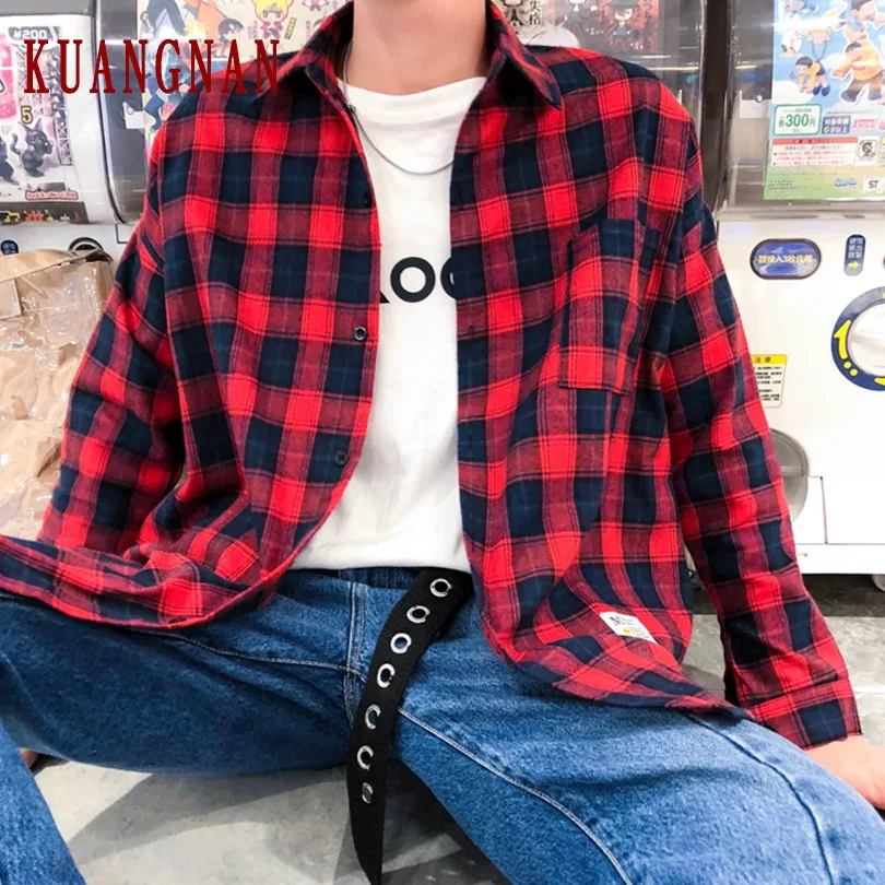 KUANGNAN клетчатая рубашка Мужская Уличная с длинным рукавом модная хип хоп мужская