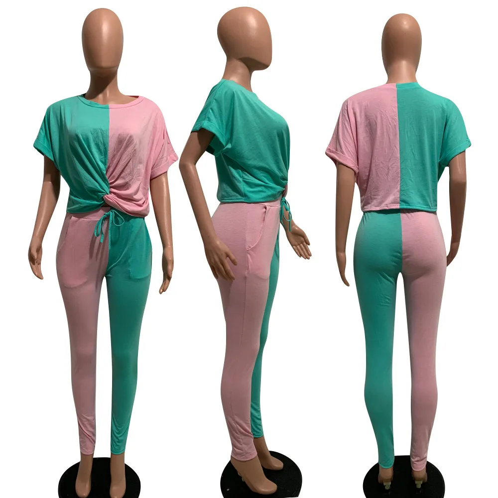 

New casual color block print sport two piece set summer fashion o-neck short sleeve T-shirt and pants women two piece set