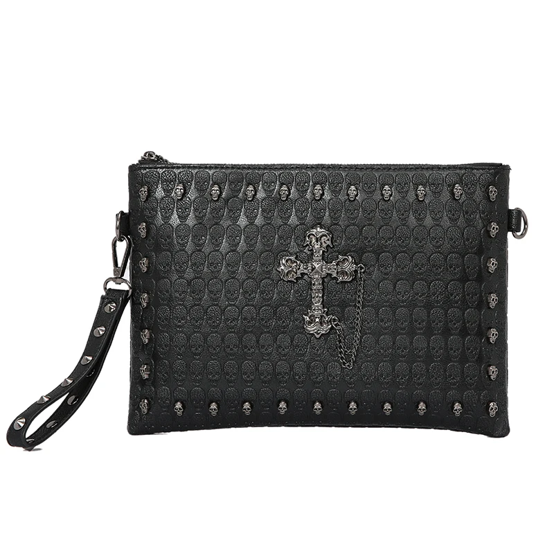 Punk Style Unisex Hip Hop Cross Tassel Handbag Black Fashion Skull Messenger Rivet Envelope Mini Clutch Small Shoulder Bag |