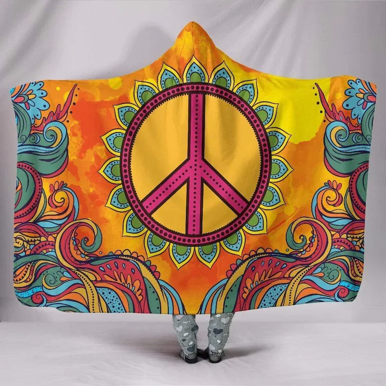 

Hooded Blanket, Hippie Peace Blanket, Festival Blanket, Rave Hoodie, Outdoor Blanket, Trippy Quilt,