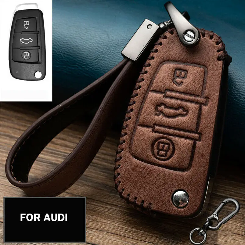 

Top Layer Genuine Leather Car Key Fob Cover Case Bag Holder With Keychain For Audi A1 A3 A4 A6 A7 A8 TT Q5 Q7
