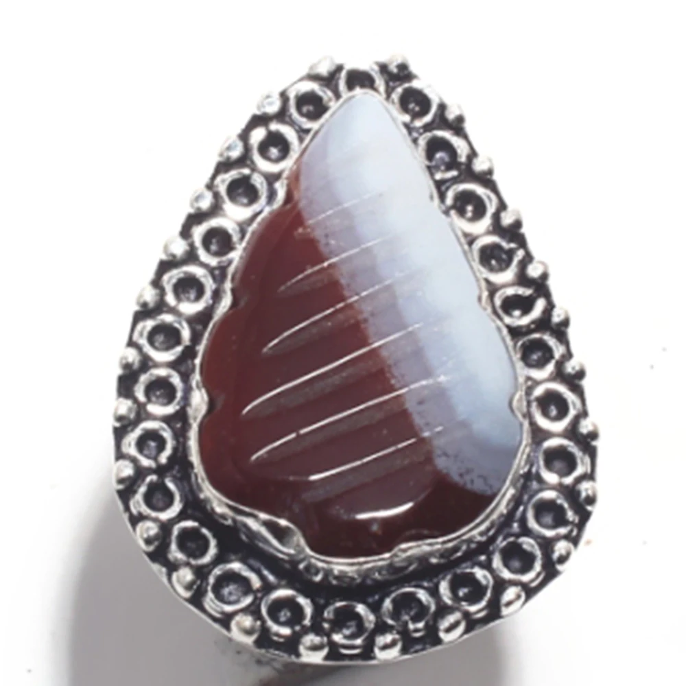 

Genuine Carved Botswana Agate Ring Silver Overlay over Copper , Size: 6.75, R6774