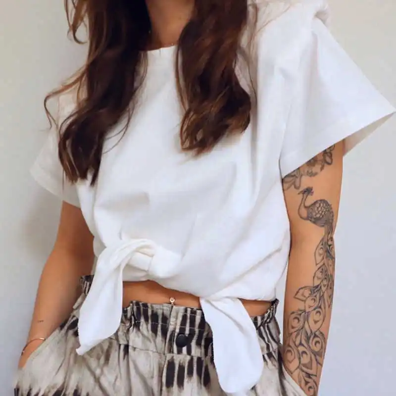 

Woman Grey Cotton Short Tshirts with Shoulder pads Short sleeves Fashion tops tees