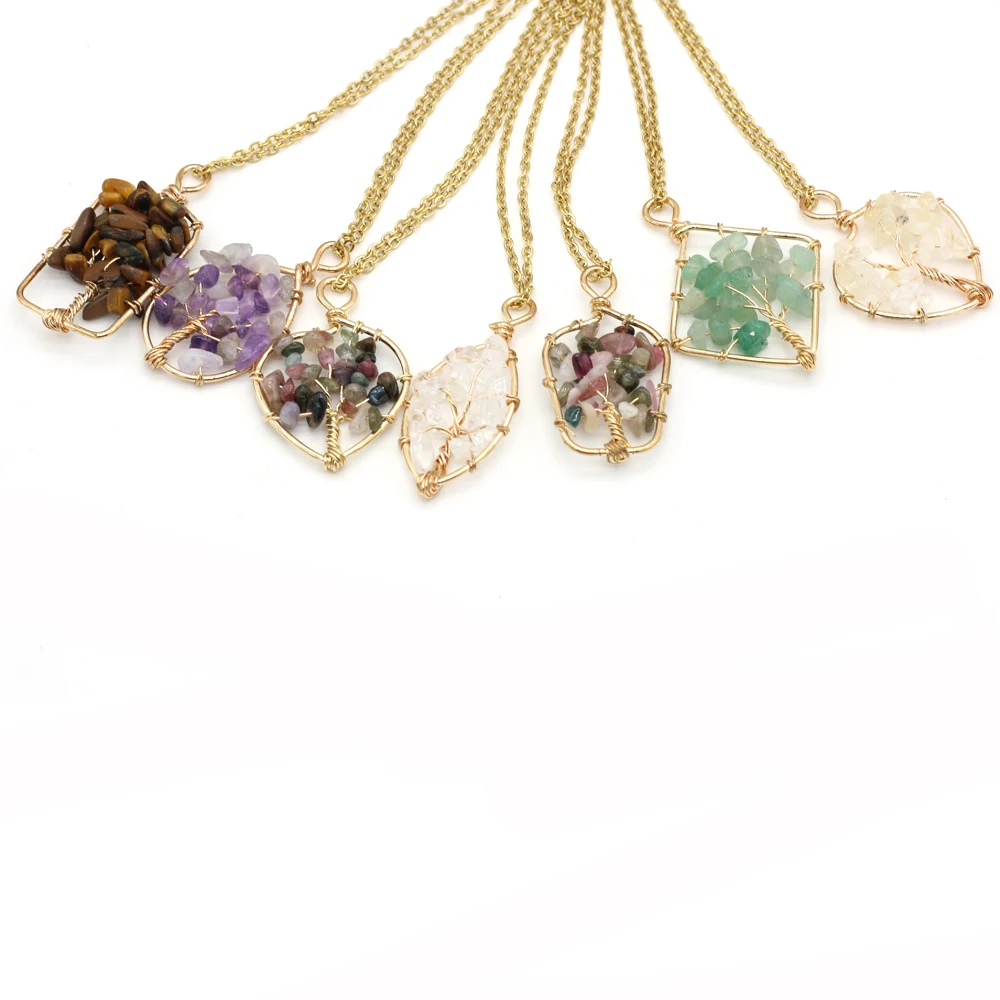 

New Necklace Natural Stone Citrine Tourmaline Amethyst Winding Copper Wire Charming Pendant Necklace for Ms Jewelry Gift