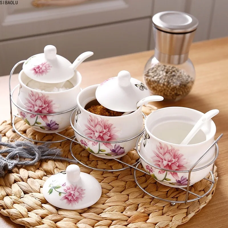 

3PCS/SET Ceramic Seasoning Boxes Kitchen Container Traditional Chinese Spice Jar Storage Can With Spoon and Shelf