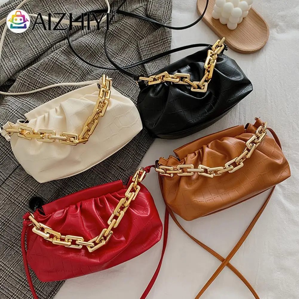 

Pleated Crossbody Bag Women Stone Pattern PU Leather Shoulder Messenger Pouch Solid Color Female Chain Clutches Totes Handbag
