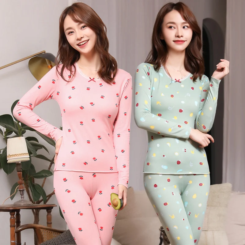 

2020 Autumn Winter Long Sleeve Print Thermal Body Shaper Underwear Sets For Women Warm Long Johns Pajama Sleepwear Suit Bodysuit