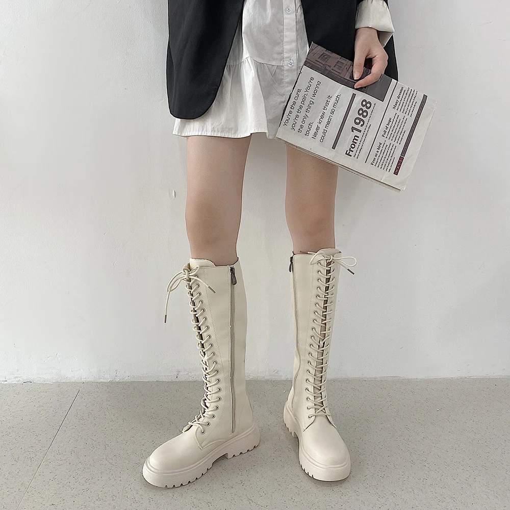 

Women Knee Boots Lace-Up Platform Non Slip Zipper Comfort Ladies Knight Boots Lace Up Round Toe Vintage Female Shoes Plus Size