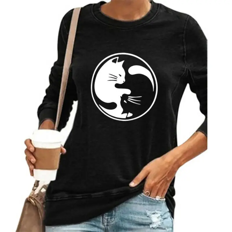 

Womens Ladies Cat Printed Long Sleeve T-shirt Top Casual Blouse Pullover Shirt