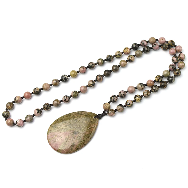 Natural 8mm Black Line Rhodochrosite Stone Beads Necklace Women Energy Pendent Necklaces Jewelry Handmade Knotted Accessories | Украшения и