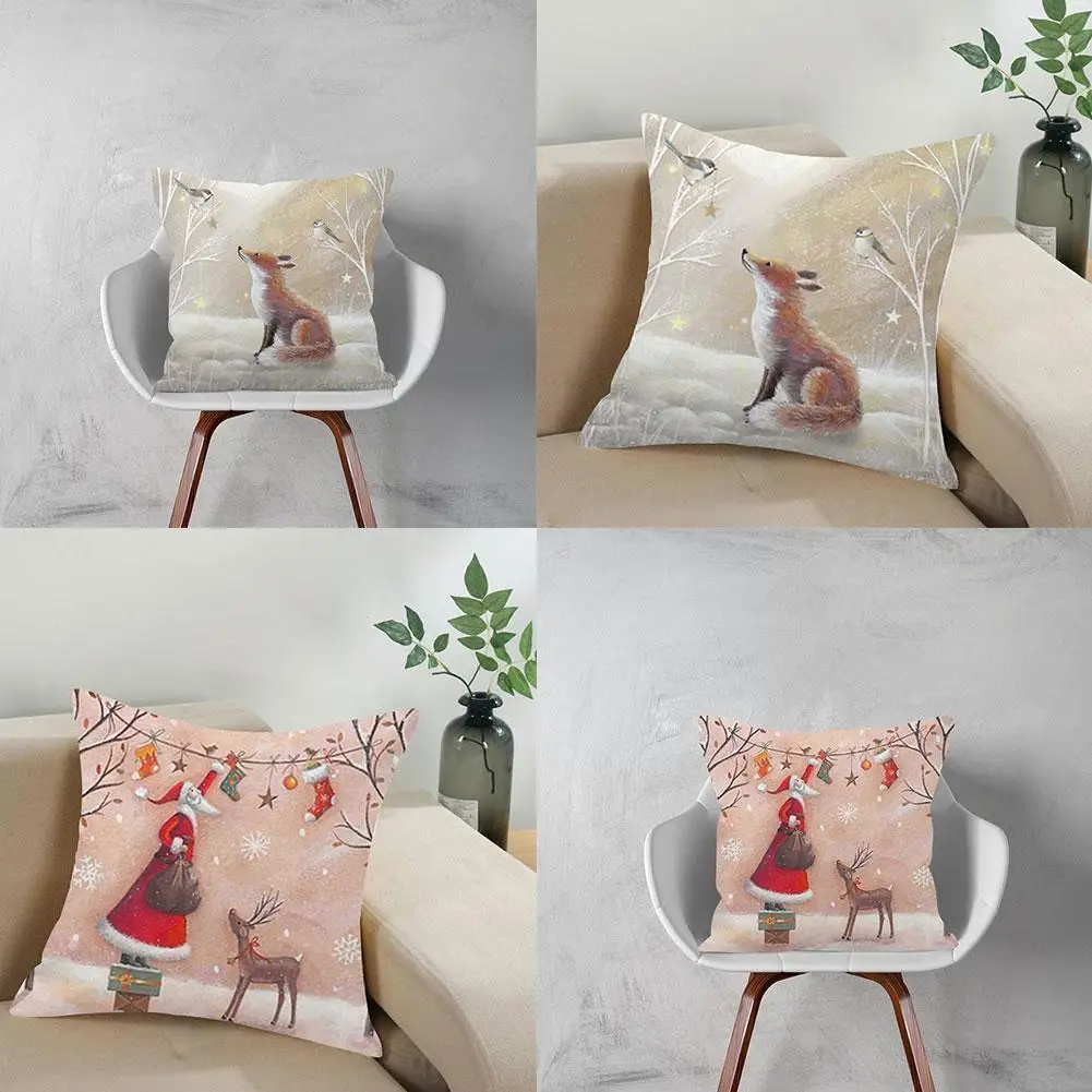 

Merry Christmas Pillow Case Xmas Deer In Forest Picture Cushion Cover For Home Sofa Decor Short Plush Pillowcases Y2L7