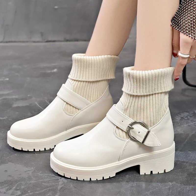 

2021 Winter Buckle Decor Warmth Is Thick Women Sock Boots Slip-on Stretch Fabrics Women Ankle Boots Thick Bottom Casual Shoes