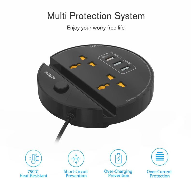 MOXOM розетка с розеткой 2 порта Переключатель 3 USB разъем Быстрая зарядка 3,0 удлинитель с поддержкой мобильного телефона