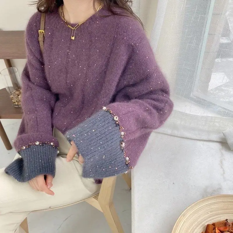 

Autumn And Winter New Foreign Aerosol Haze Blue Sweater Women's Fashion Leisure Loose Outer Wear Lazy Wind Pullover Sweater Top