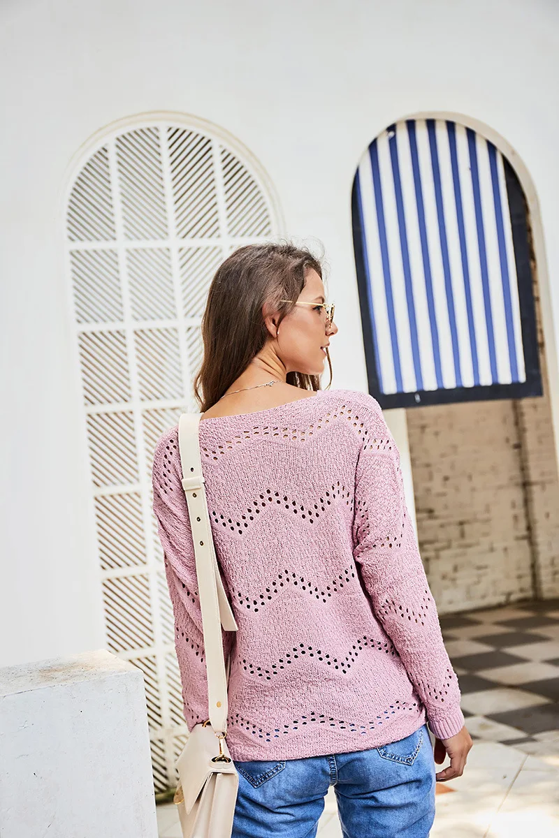 

2019 Autumn Winter Women Sweaters Hollow Out Loose Knitted Solid Pullover Sweater Full Sleeve Female Warm Tops Pink Sweater