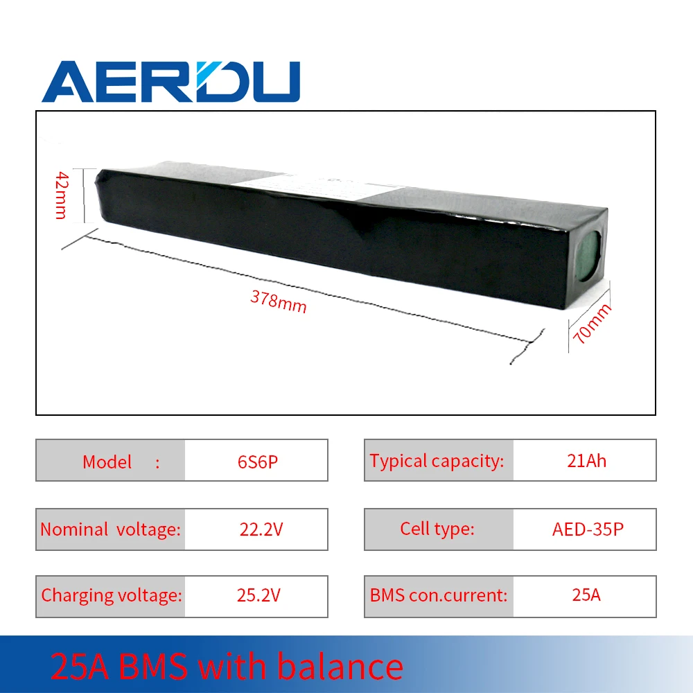 

AERDU 22.2V 21Ah 6S6P 18650 Li-ion Battery Pack with Holder for Bicycle Scooter Wheelchair Built-in 25A Bms 3500mAh XT60 DC5521