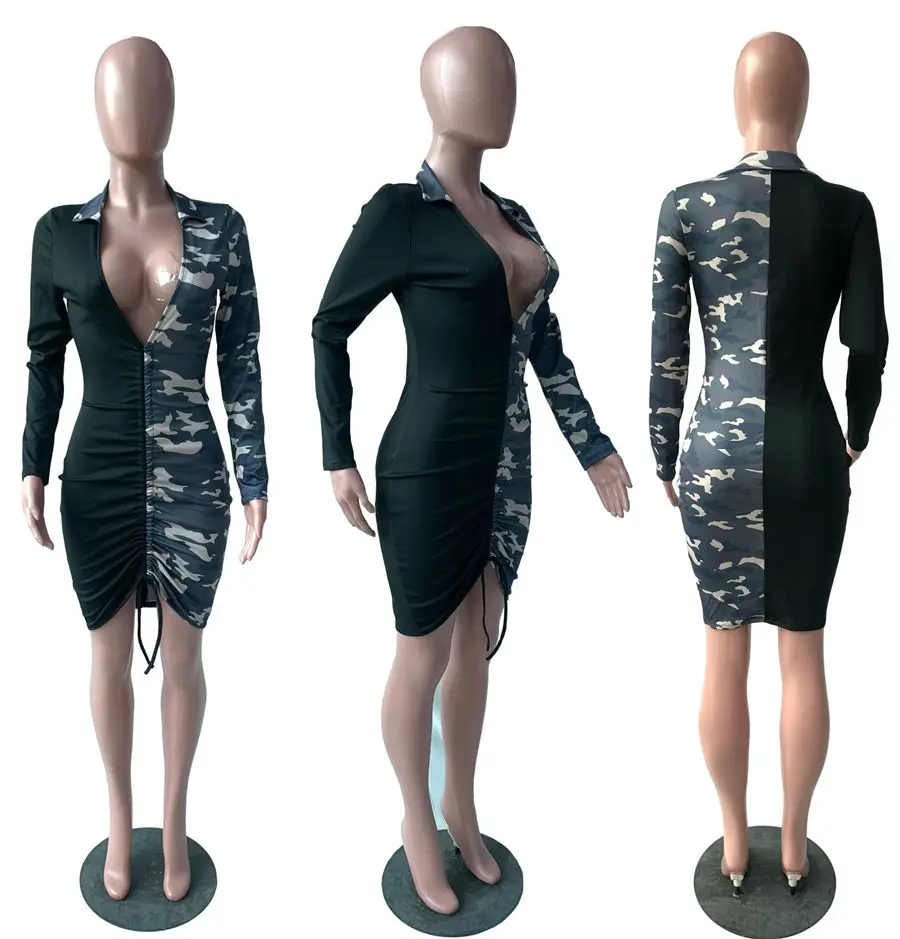 

Women Mini Dress Camouflage Panelled Sexy Wrap Deep V Neck Drawstring Ruched Bodycon Dress Ladies Long Sleeve Sheath Party Dress
