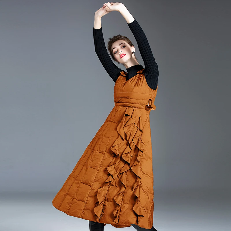 Dress Winter Down Long Coats Women Black Sleeveless Dresses Caramel Ruffle Design Slim Velcro Warm And Light Female Clothes