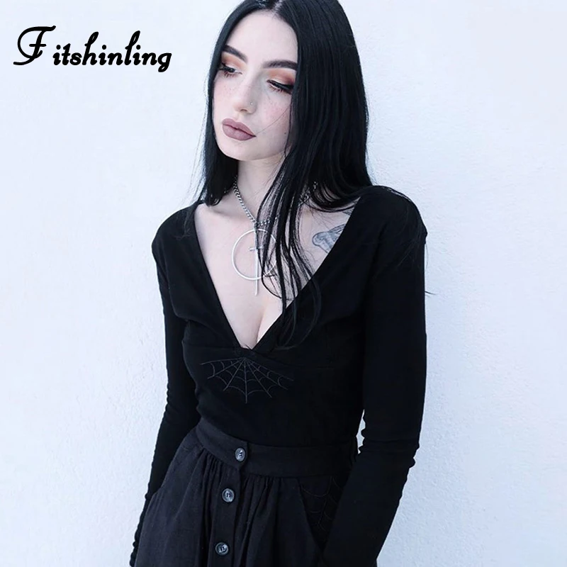 Fitshinling Goth Темная футболка с v-образным вырезом женская вышивкой в виде паутины