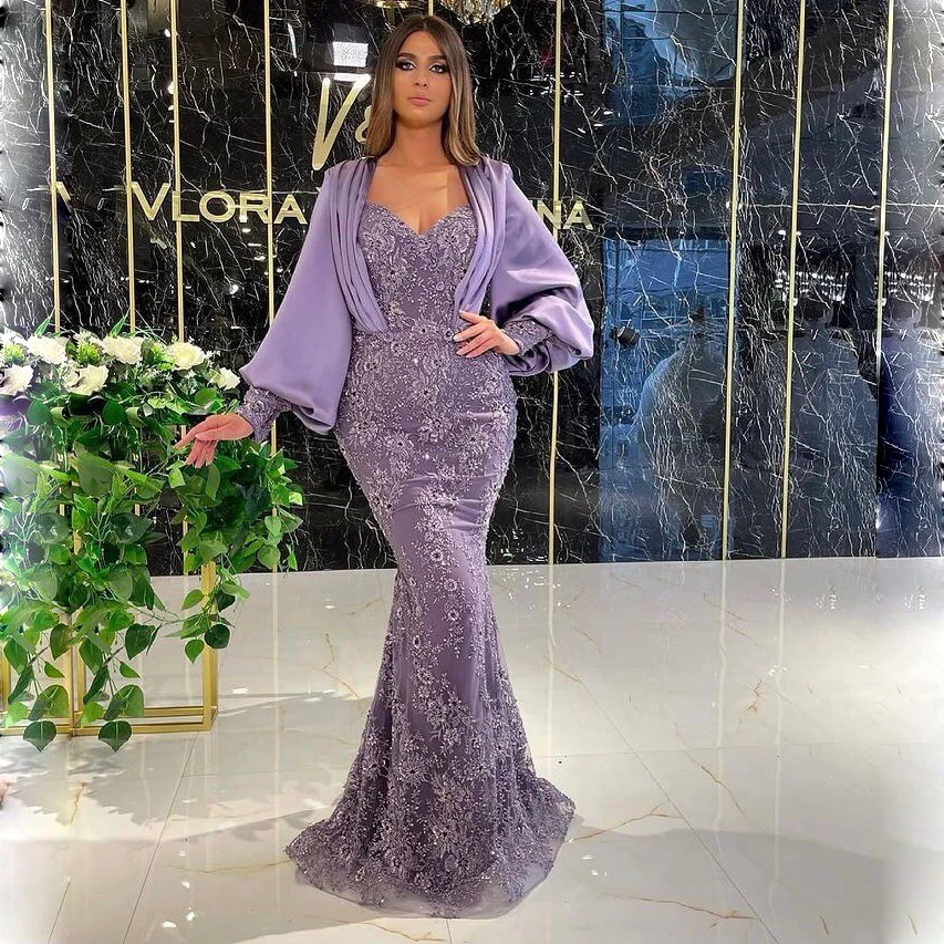 

Mermaid Lace Prom Dresses With Sweetheart Appliques Beads Pleats Puffy Long Sleeves Evening Dress Custom Made