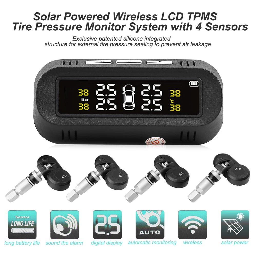 USB Солнечная TPMS C68 автомобильная система контроля давления в шинах Солнечная энергия цифровой ЖК-дисплей Автомобильный датчик контроля давления в шинах TPMS 4 датчика