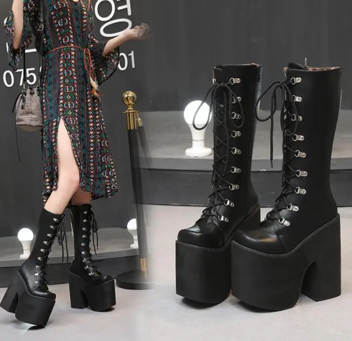 Мотоциклетные Ботинки на каблуке 16 см черные сапоги до колен Панк косплей модные