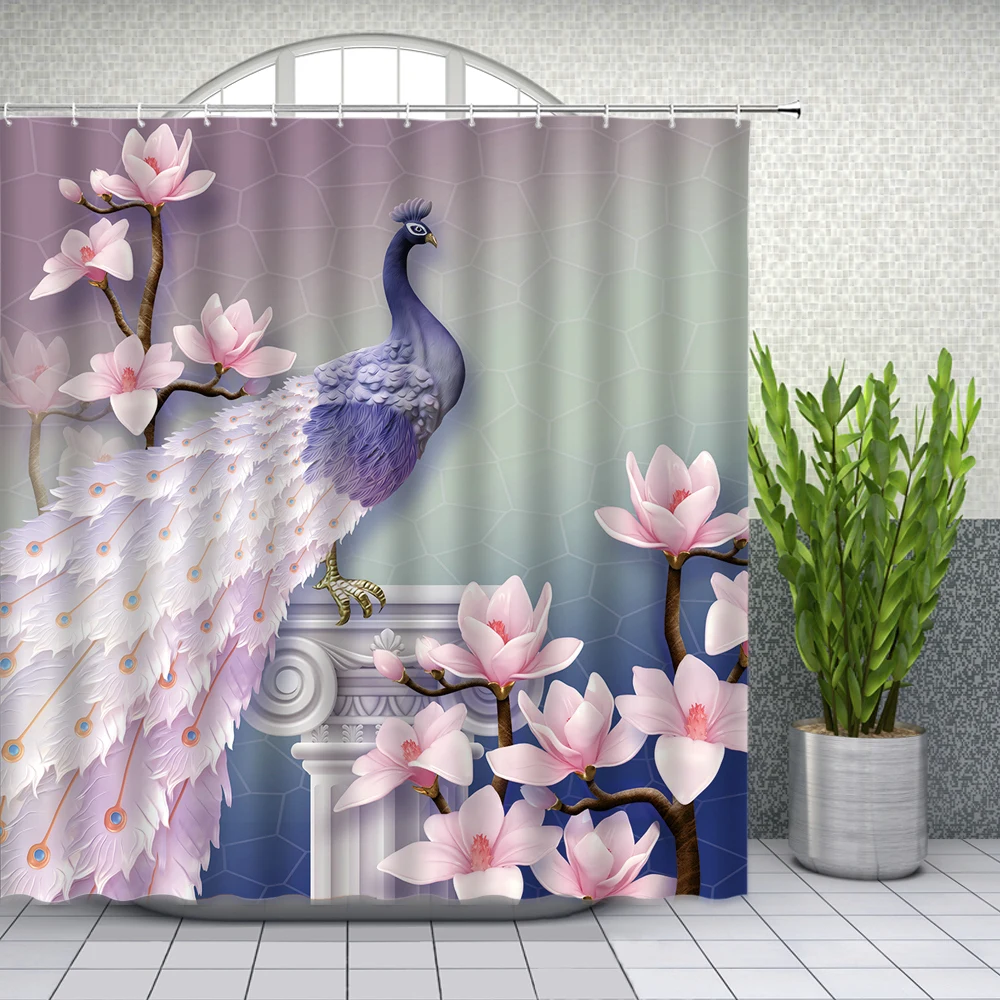blue peacock shower curtains beautiful watercolor bird flower peony pattern bathroom decor bathtub waterproof cloth curtain set free global shipping