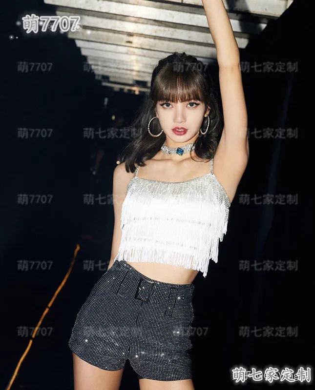 kpop Korean Celebrity White tassel sexy sleeveless sling vest tops+black slim High waist shorts women two piece outfits |