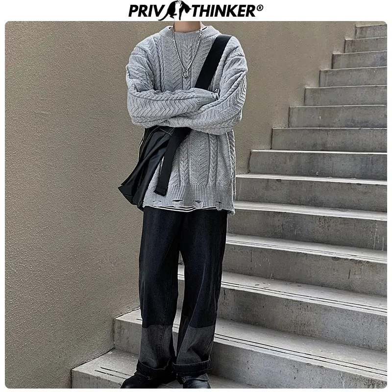 Privathinker, мужской свитер с круглым вырезом, модный, уличная одежда, мужские,, свободные, вязаные пуловеры, топы, мужские, Harajuku, одноцветные, осенние свитера