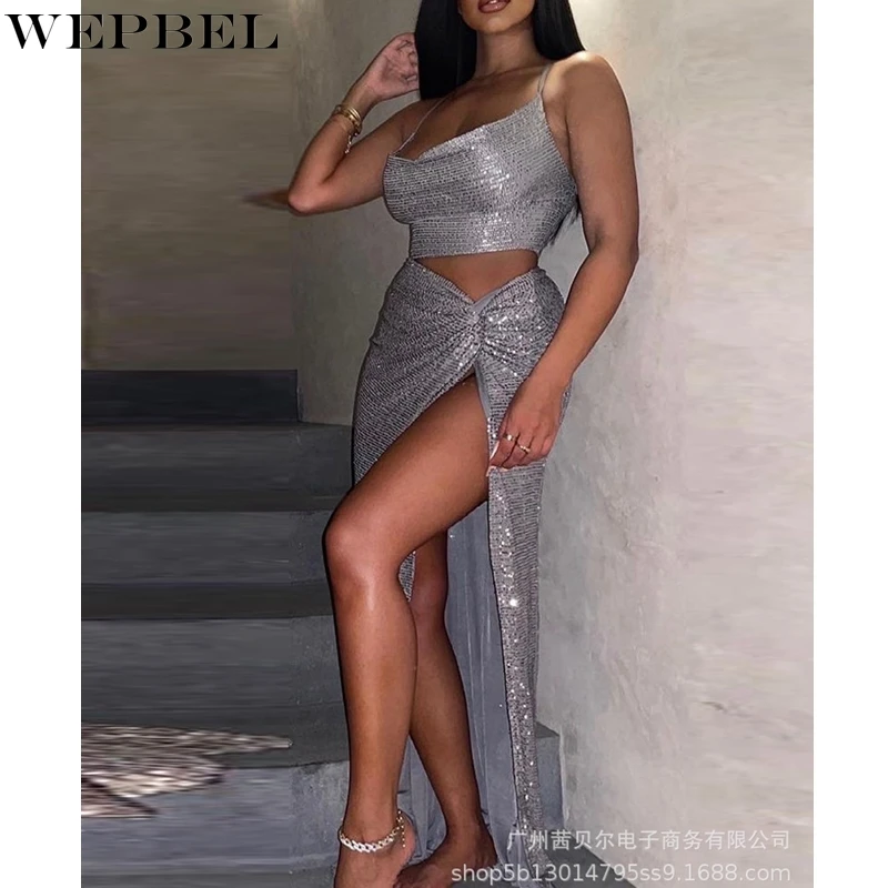 

WEPBEL Sexy Women's Sequined Slim Solid Color Suit Summer Spaghetti Strap Strapless Top High Waist Slit Irregular Skirt Suit