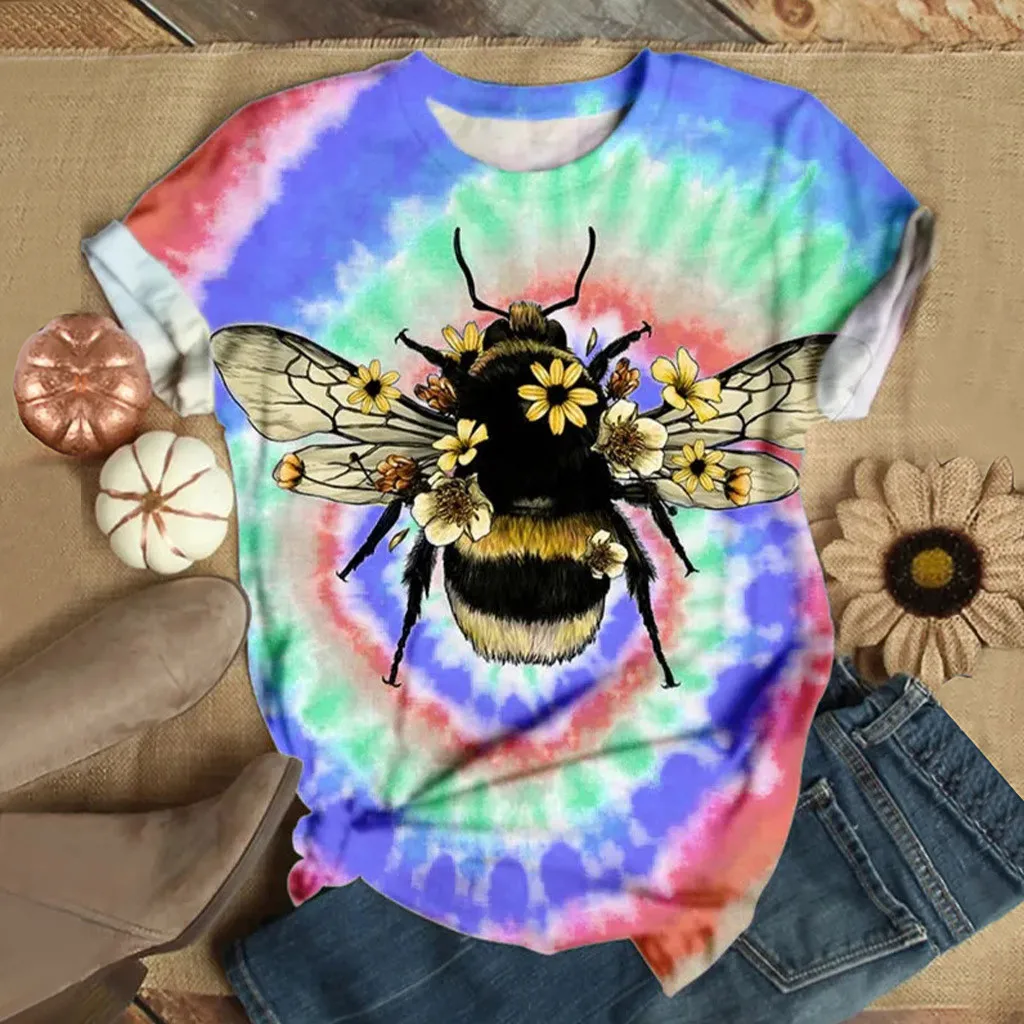 Футболка с принтом CHAMSGEND Tie-dye Bee женские летние топы короткими рукавами футболки