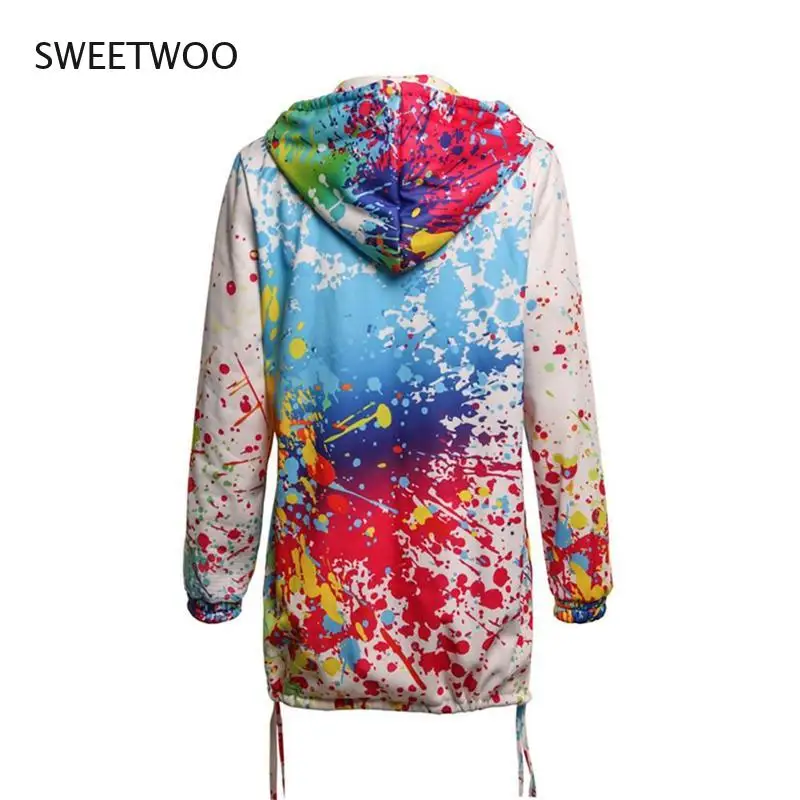 

Autumn and Winter Warm Coat Printed Jacket Zipper Hooded Pocket Long Tie-Dye Printed Windbreaker Thin Sweater Coat