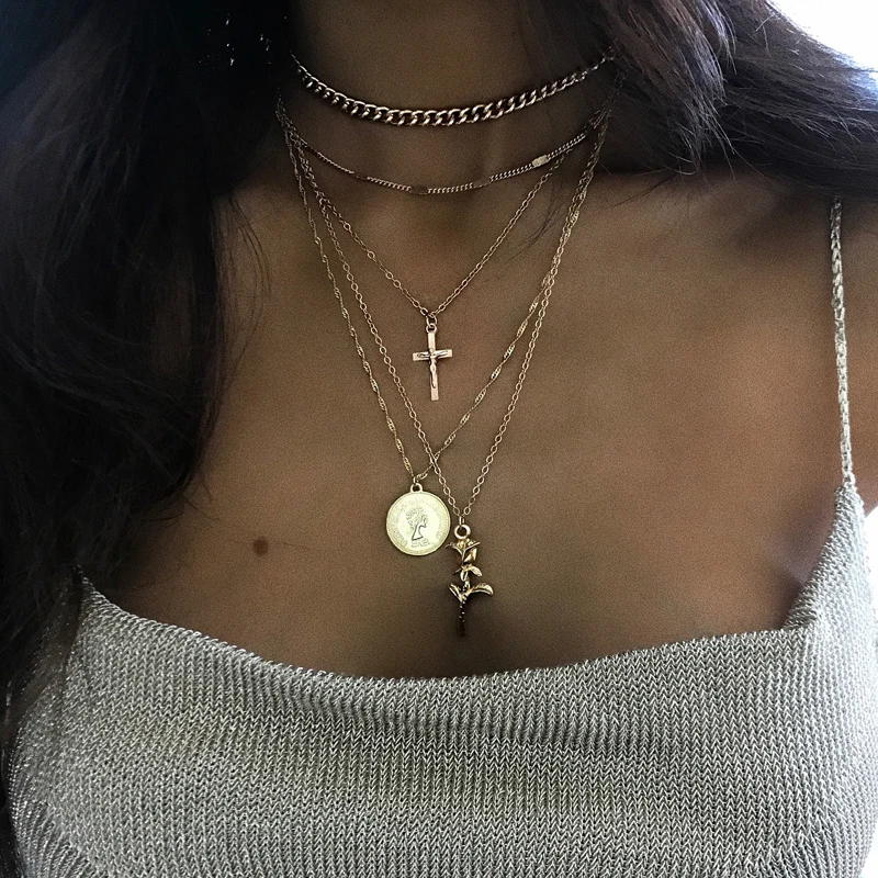 

Bohemian Multilayer Rose Flower Pendant Necklace Vintage Gold Color Cross Charms Choker Necklace Women Neck Chain Jewelry Gift