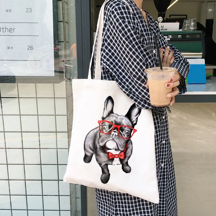 

French Bulldog Bag Ladies Handbags Cloth Canvas Tote Dog Lover Bag Shopping Travel Women Eco Reusable Shoulder Shopper Bags