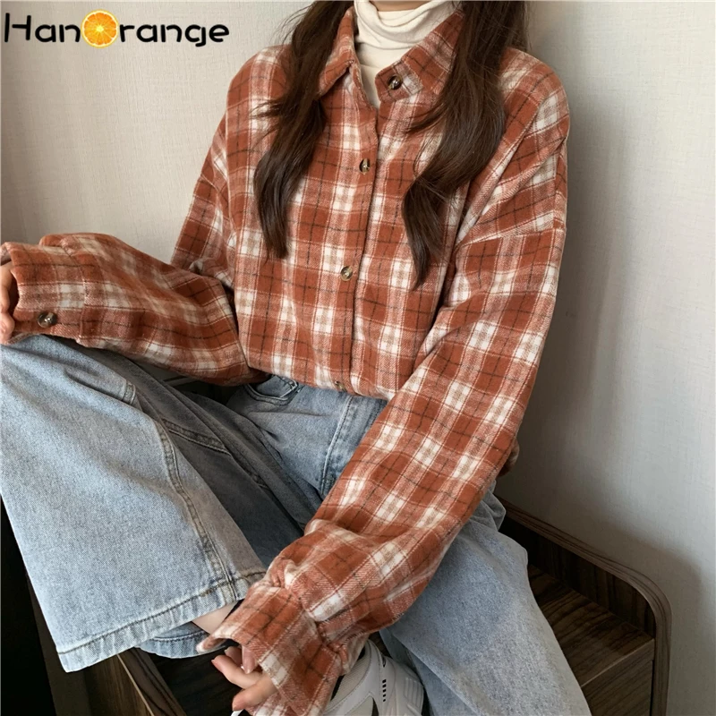 

Checked Woolen Shirts Women Retro Autumn Winter 2021 Plaid Loose Top Female Vintage Single Breasted Casual Shirts
