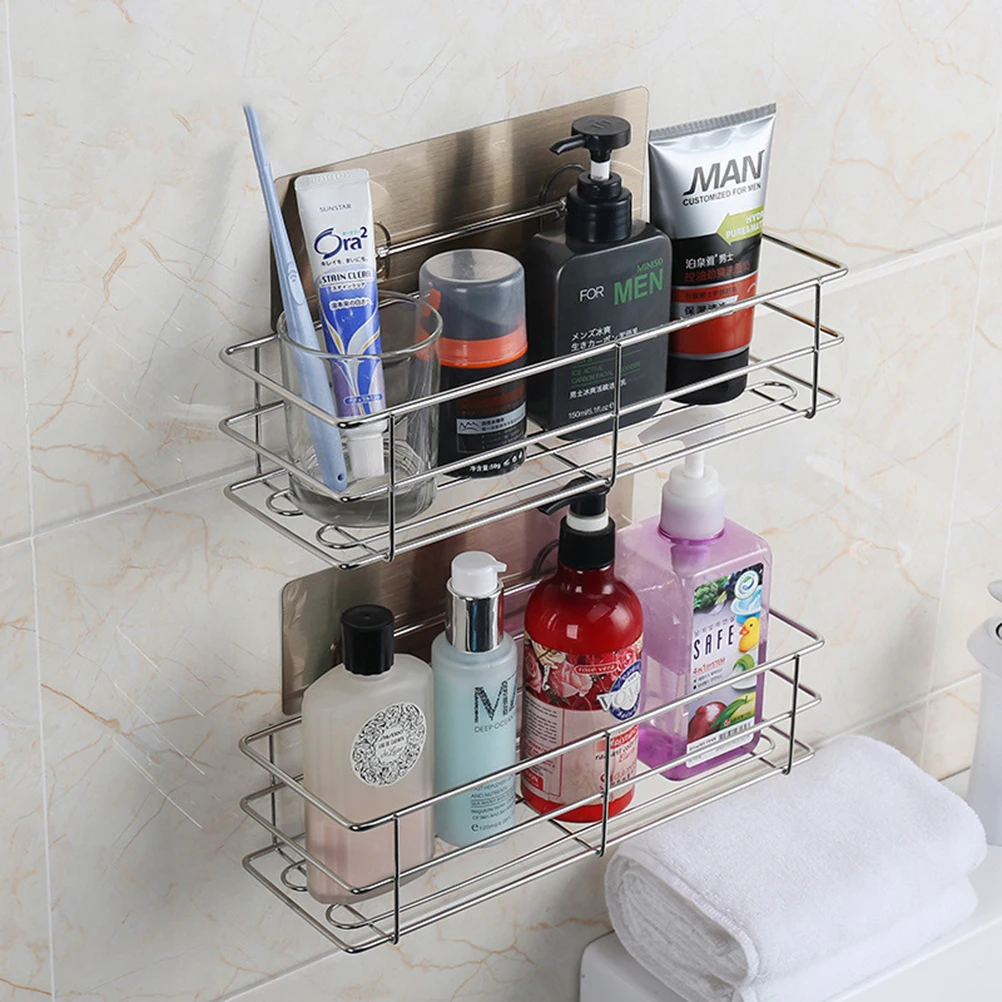 

1Pc Adhesive Rustproof No Drilling Wall Mounted Stainless Steel Basket Shelf Organizer Rack for Kitchen Bathroom Shower