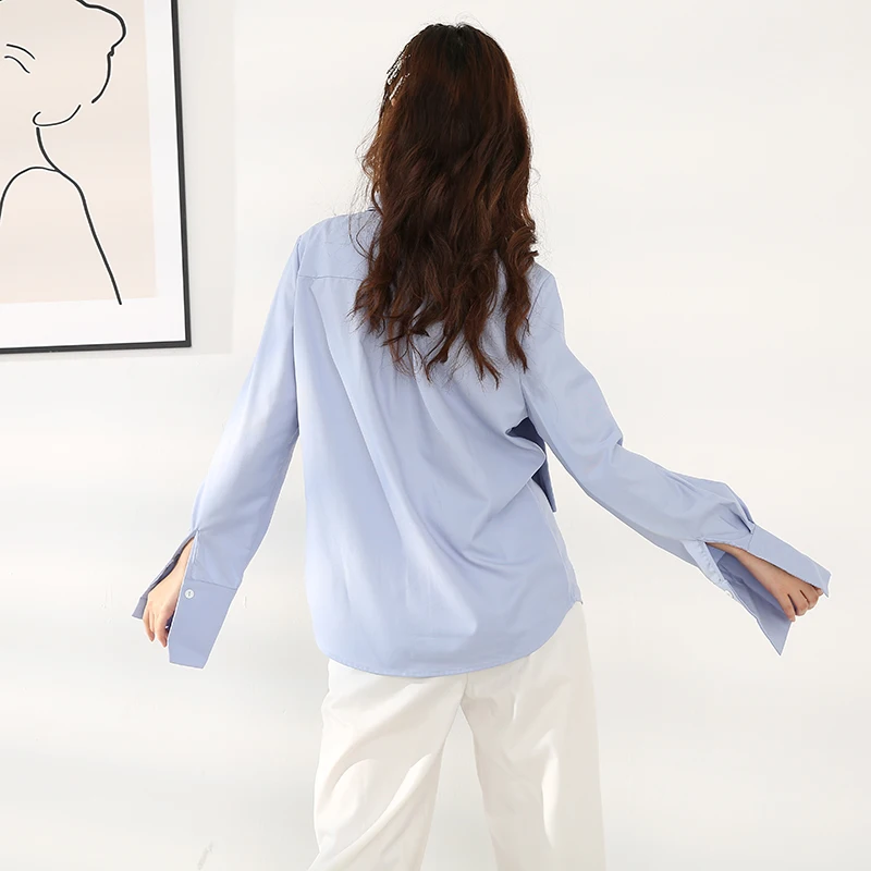 

Brief Women Blue Bandage Blouse New Turtleneck Long Sleeve Loose Fit Shirt Fashion Tide Spring Autumn 2021 1H08806