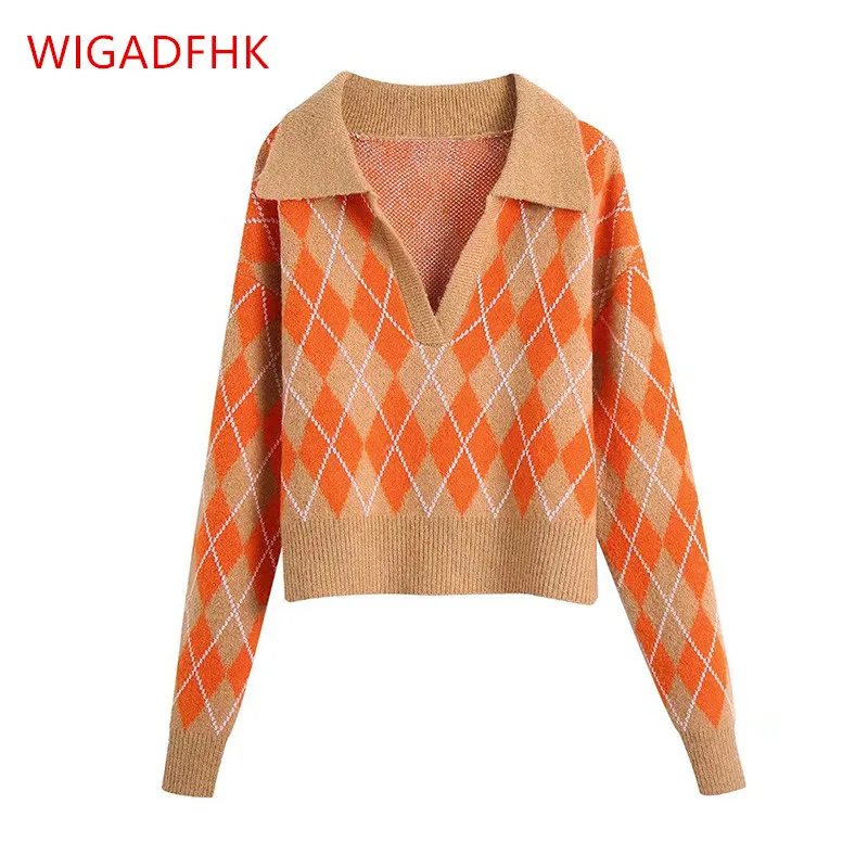 

2021 Za Women's Casual Traf Short Sweater Top Fall/Winter POLO Collar Diamond Check Knit Sweater Slim Fit Sweater Pullover